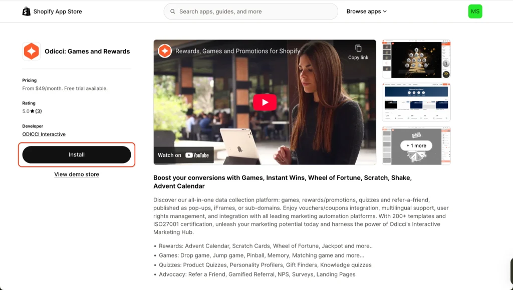 App listing: Shopify App Store page for “Odicci: Games and Rewards” with the Install button to create Shopify pop-up discounts.